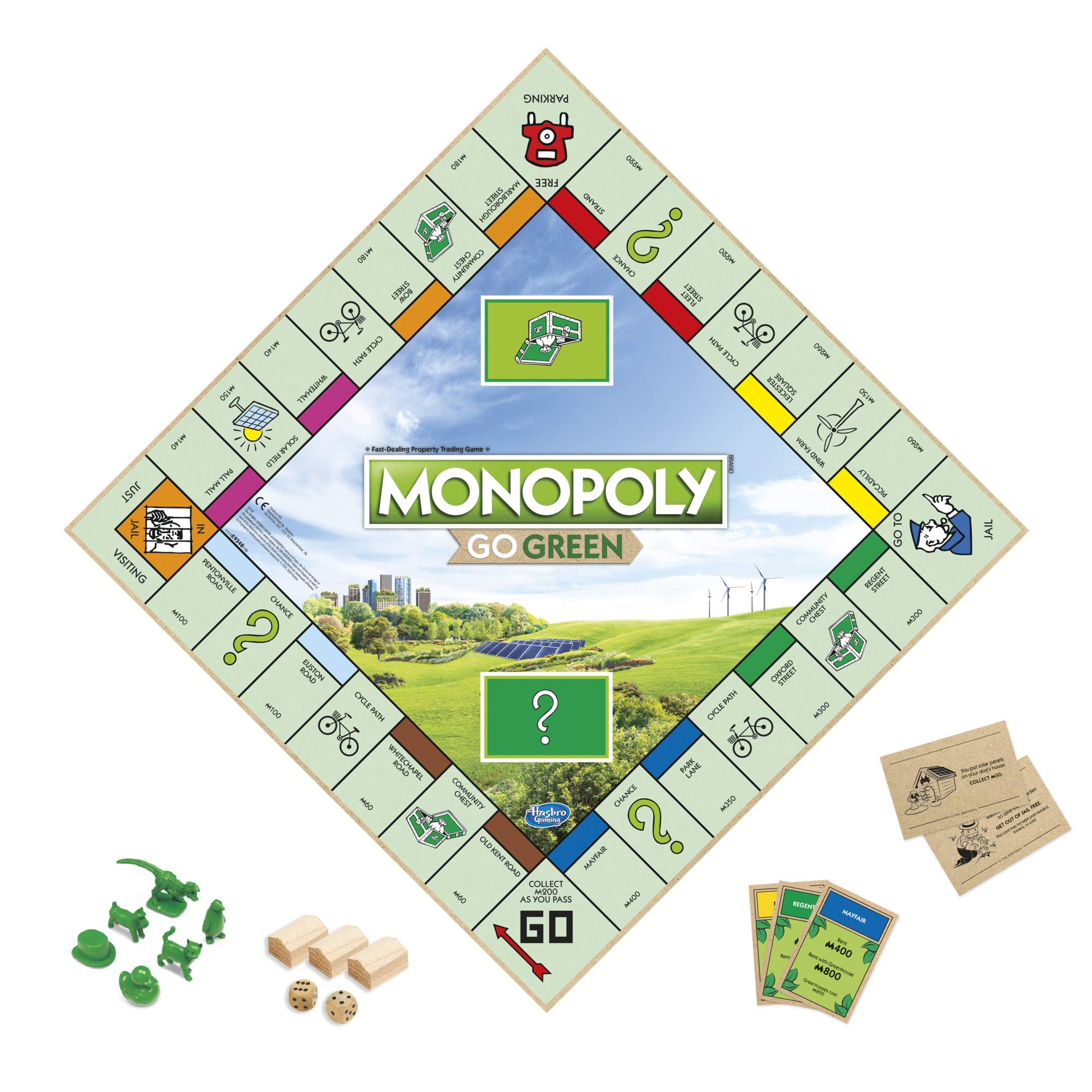 Monopoly: Go Green Edition Game Made with 100% Recycled Paper Parts and Plant-Based Plastic Tokens, Board Game for Families Ages 8 and Up