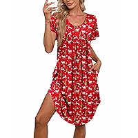 Women's Pleated Front Loose Fit Short Sleeve Nightgowns House Dress with Hand Pockets (S - 5XL)