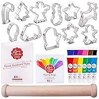 Christmas Holiday 11 Piece Cookie Cutter Set, 12 Pack of Food Coloring Gel, Parchment Paper, Piping Bags, and Rolling Pin Made in USA by Ann Clark Virtual Bundle