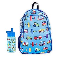 Wildkin 15 Inch Backpack Bundle with 16 Ounce Reusable Water Bottle (Trains, Planes & Trucks)