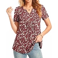 Womens Summer Top Henley V-Neck Short Sleeve Shirt Button Up Casual Pleated Blouses