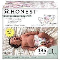 Clean Conscious Diapers | Plant-Based, Sustainable | Rose Blossom + Tutu Cute | Super Club Box, Size 1 (8-14 lbs), 136 Count