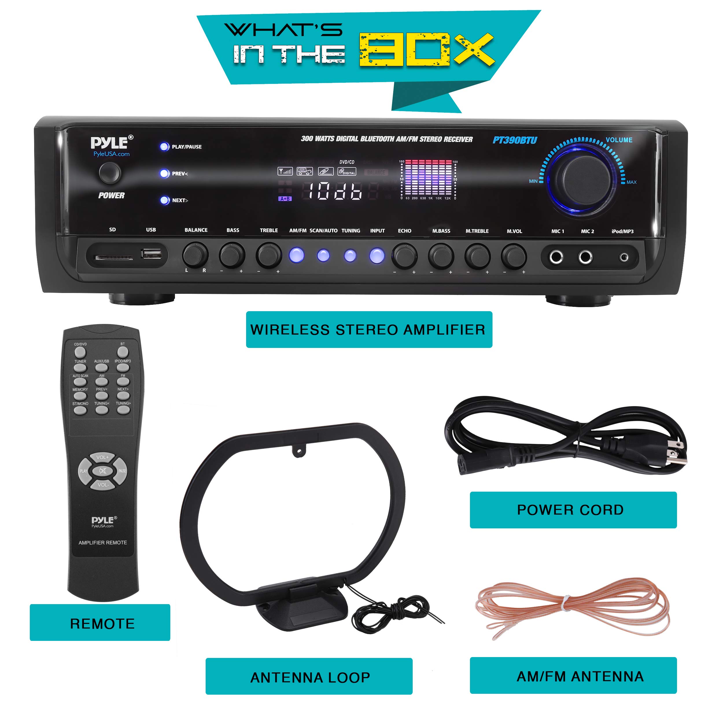 Pyle Wireless Bluetooth Power Amplifier System 300W 4 Channel Home Theater Audio Stereo Sound Receiver Box Entertainment w/ USB, RCA, 3.5mm AUX, LED, Remote for Speaker, PA, Studio- PT390BTU,BLACK