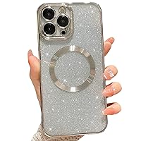 MGQILING Compatible with iPhone 15 Pro Magnetic Glitter Case, Luxury Plating Cute Bling Clear Phone Case, Compatible with MagSafe for Women Girls with Camera Protector Back Cover - Silver
