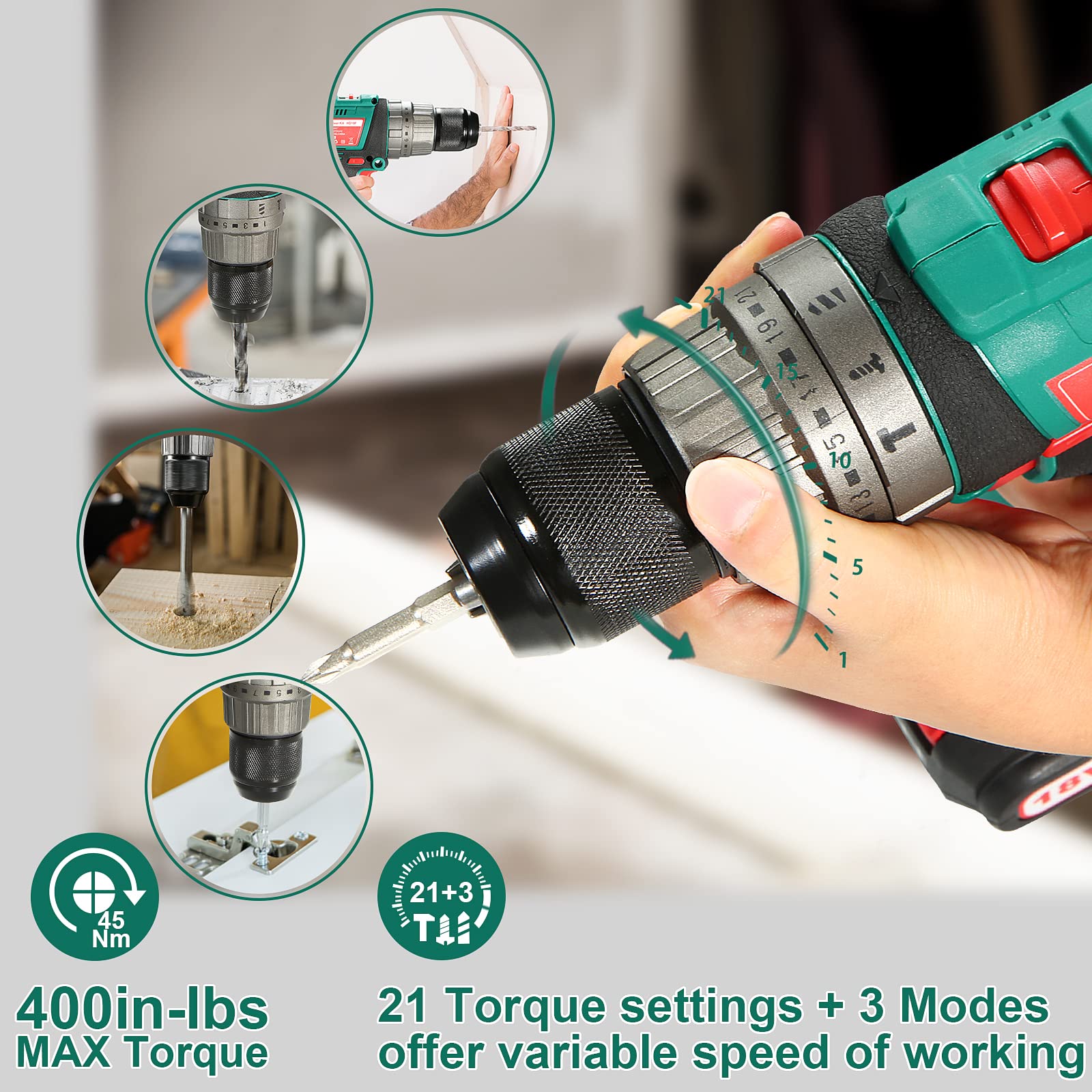 Cordless Hammer Drill Driver 18V, HYCHIKA 400 In-lbs Torque Power Drill with Auxiliary Handle, 1/2” Metal Chuck, 2.0Ah Battery, 1H Fast Charger, 21+3 Clutch, LED Light for Drilling Wood Metal Wall