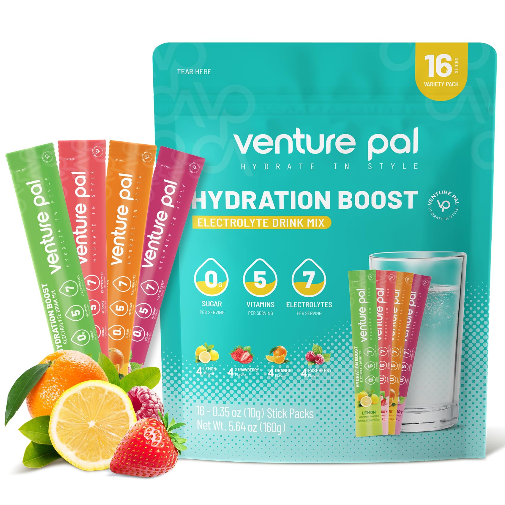 Venture Pal Sugar Free Electrolyte Powder Packets - Drink Mix for Rapid Hydration & Party Recovery | 5 Vitamins & 7 Electrolytes| Keto Friendly | Non-GMO | Certified Vegan | 16 Sticks
