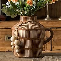 Rustic Farmhouse Vase with Handle and Boho Wooden Beads, Vertical Stripes Terracotta Vase Clay Vase - Ceramic Flower Vase for Vintage Home Décor, Shelf, Table, Bookshelf, Mantle, Entryway