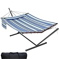 12FT 2 Person Hammock with Stand Included 55 x 79IN Large Hammock 450LB Capacity with V Shaped Hardwood Spreader Bar & Nylon Rope for Outside, Patio, Garden, Backyard, Beach - Blue Stripes