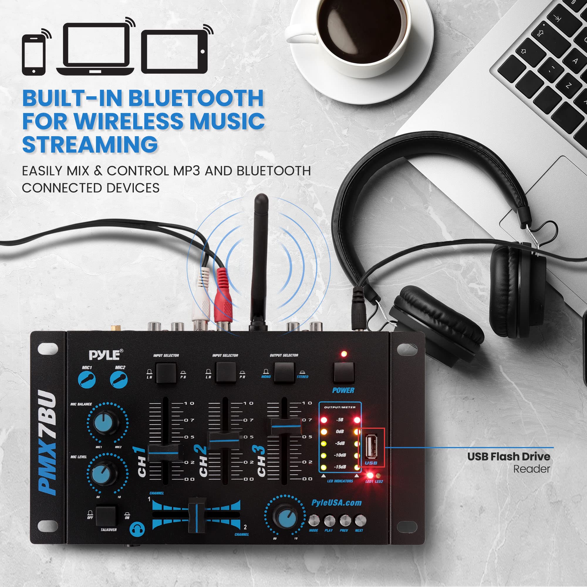 Pyle, 3 Wireless Audio Machine-3 Channel Bluetooth Compatible DJ Controller Sound Mixer System with Mic-Talkover, USB Reader, Dual RCA Phono/Line in, Microphone Input, Headphone Jack PMX7BU,Black