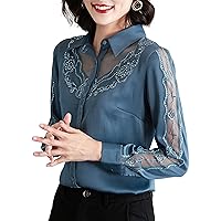 Women's Button-Down Satin Tops Semi Sheer Long Sleeve Embroidered Rhinestone Hollow Out Chiffon Blouses Work Shirts