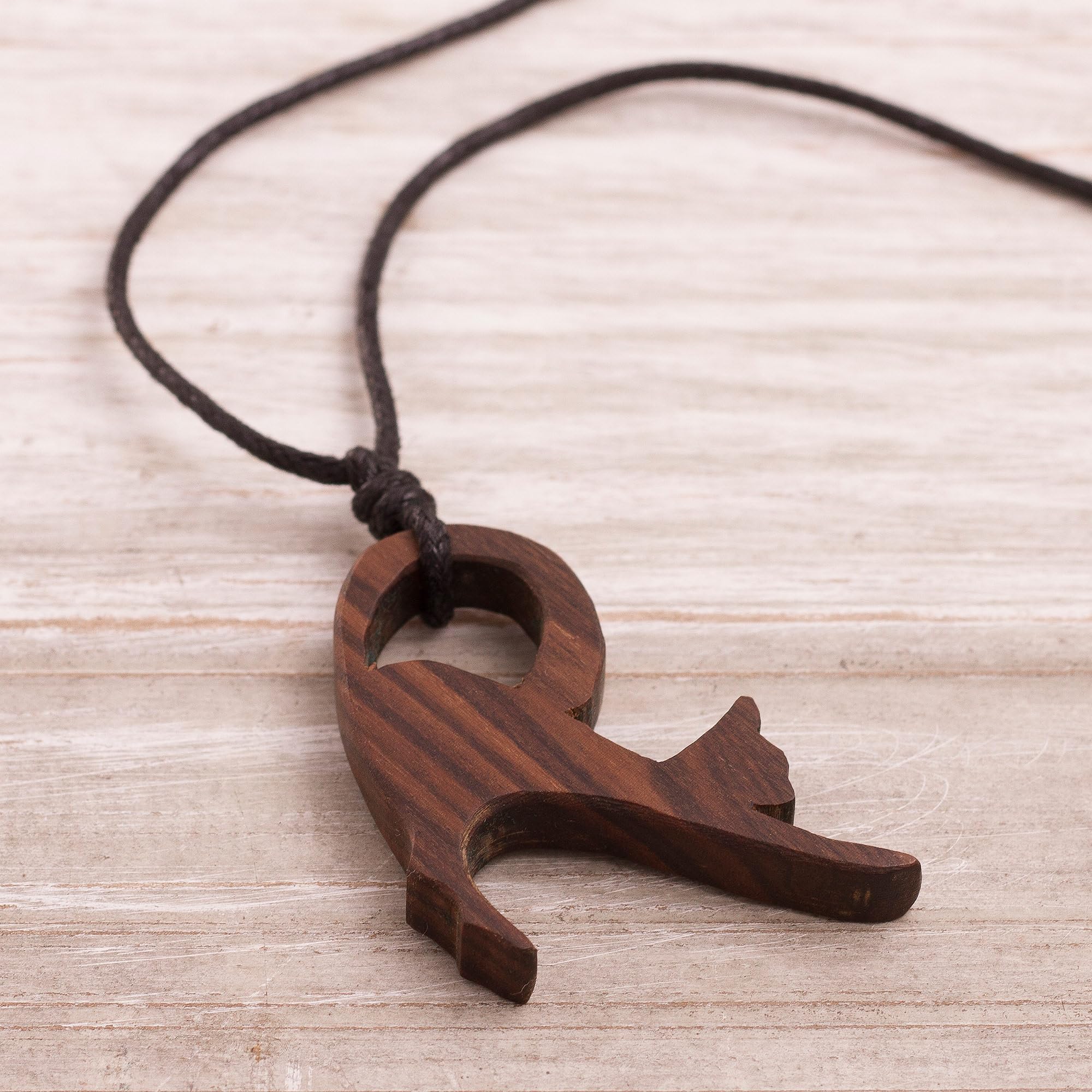 NOVICA Handmade Wood Pendant Necklace of Cat from Peru No Stone Animal Themed 'Relaxing Stretch'