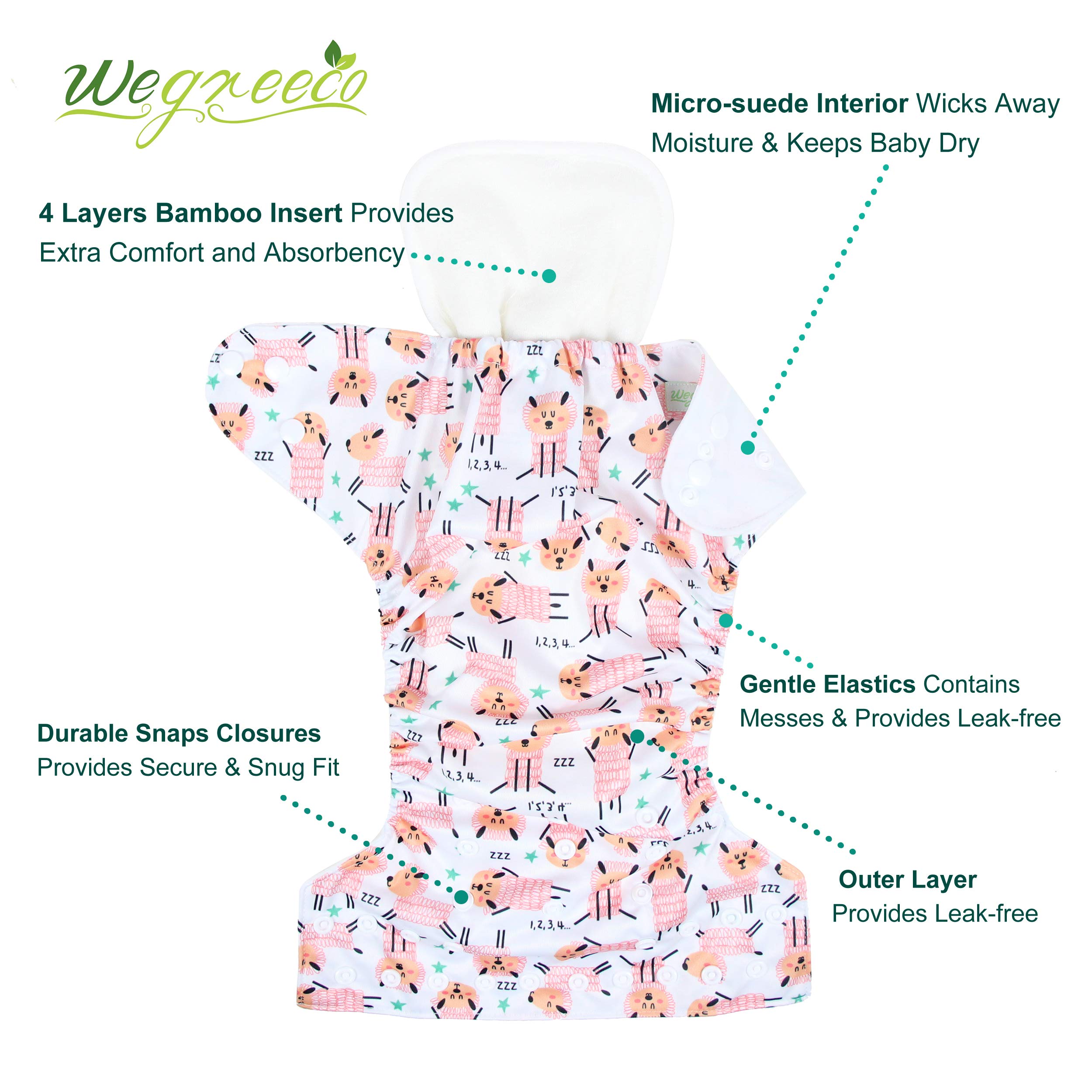 wegreeco Washable Reusable Baby Cloth Pocket Diapers 6 Pack + 6 Bamboo Inserts (with 1 Wet Bag, Flower)