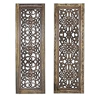Floral Hand Carved Wooden Wall Panels, Assortment of Two, Rustic Brown