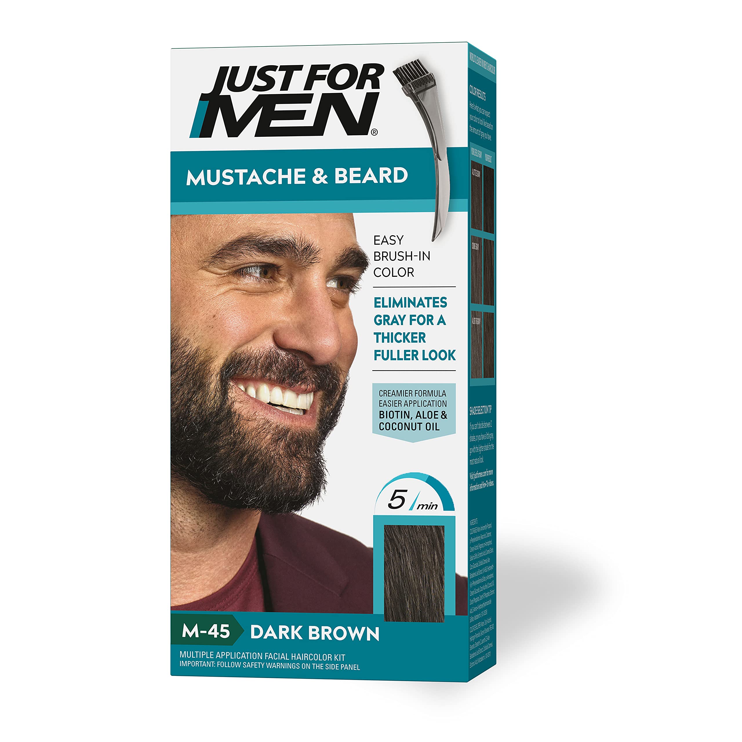 Just For Men Mustache & Beard, Beard Dye for Men with Brush Included for Easy Application, With Biotin Aloe and Coconut Oil for Healthy Facial Hair - Dark Brown, M-45, Pack of 1