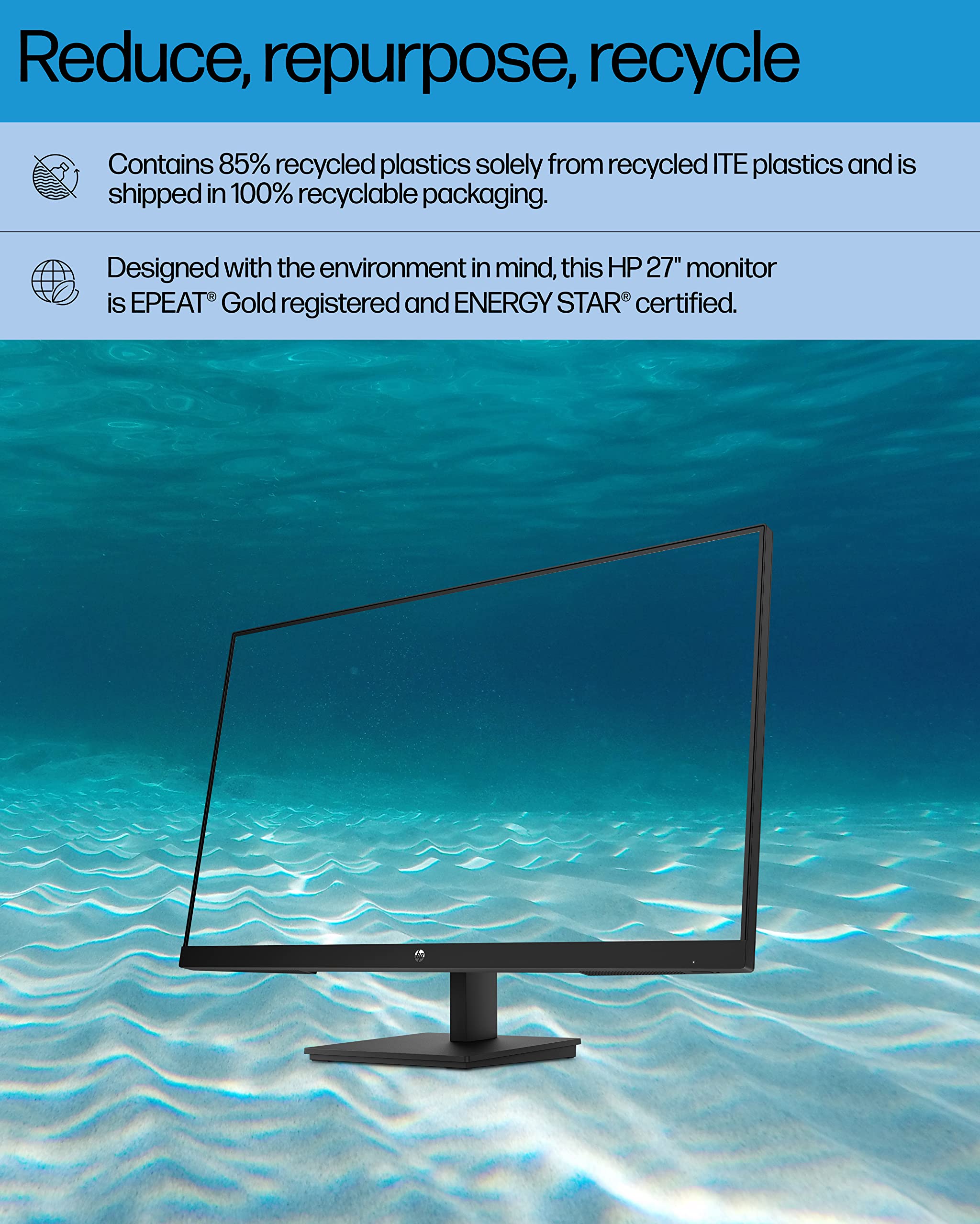 HP 27h Full HD Monitor - Diagonal - IPS Panel & 75Hz Refresh Rate - Smooth Screen - 3-Sided Micro-Edge Bezel - 100mm Height/Tilt Adjust - Built-in Dual Speakers - for Hybrid Workers