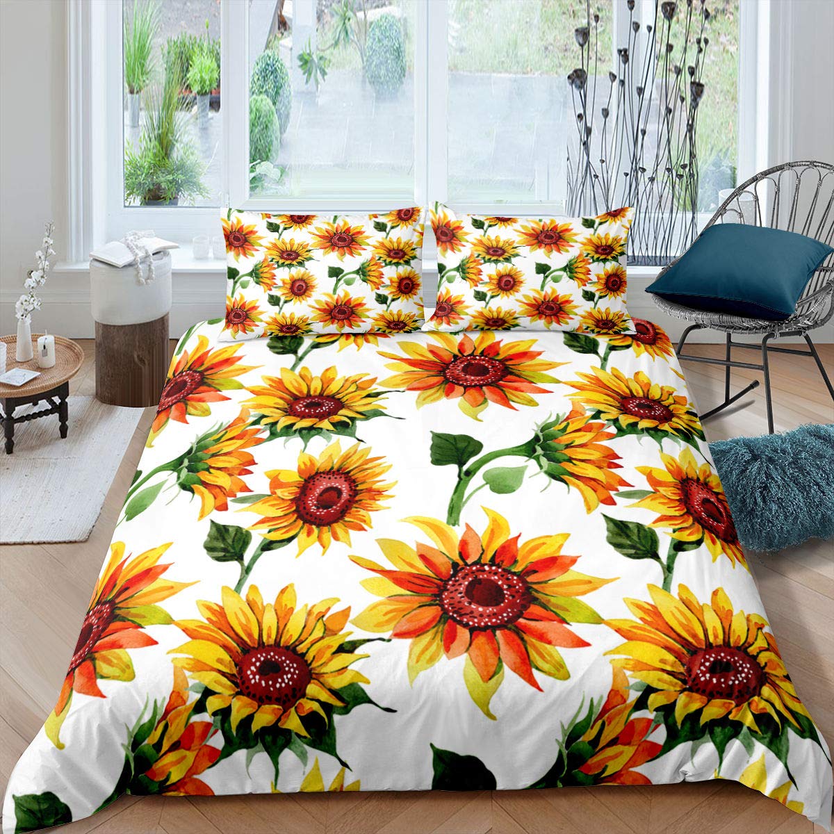 Sunflower Bedding Set Tropical Floral Printed Comforter Cover Warm Natural Theme Duvet Cover Yellow Blossom Pattern Bedspread Green Leaves Decor Oi...