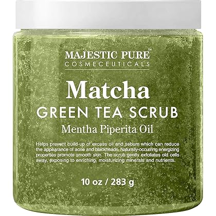 Majestic Pure Matcha Green Tea Body Scrub for All Natural Skin Care - Exfoliating Multi Purpose Body and Facial Scrub Moisturizes and Nourishes Face and Skin - 10 oz - Great Gift for Her