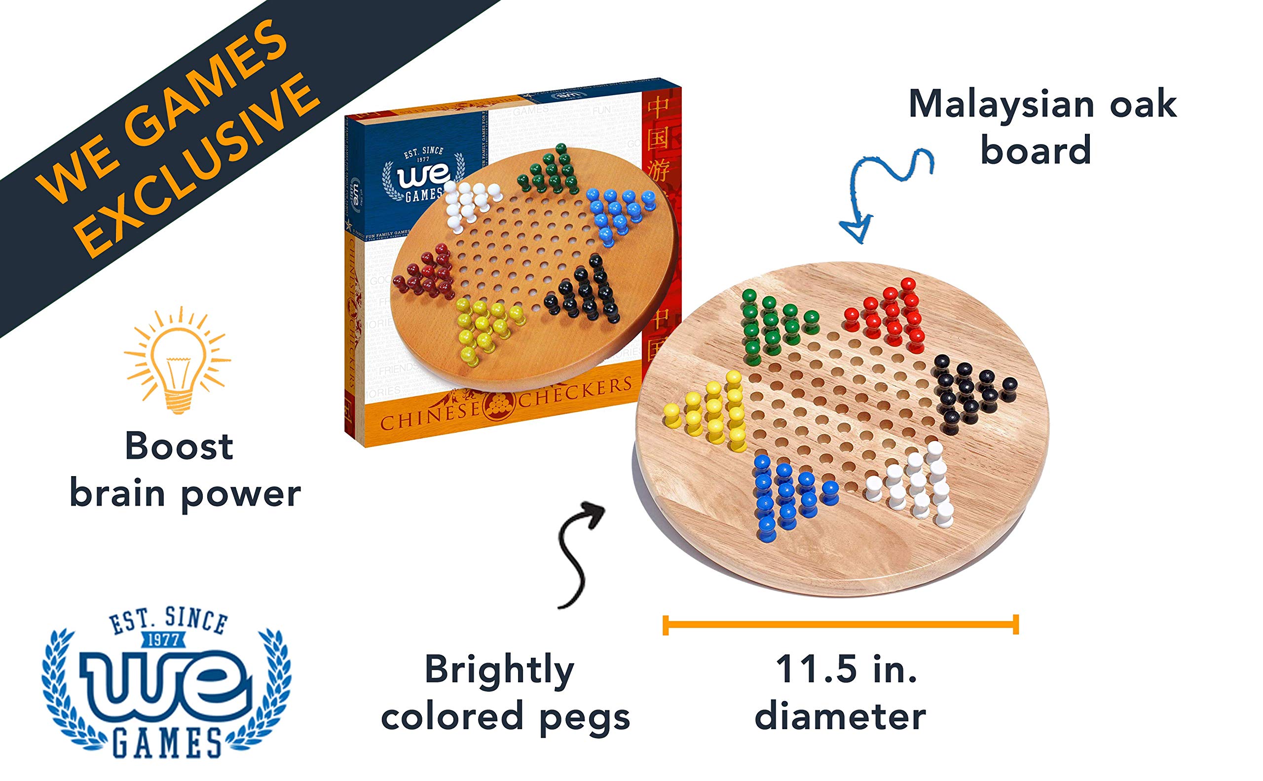 WE Games Solid Wood Chinese Checkers Board Game with Pegs- 11.5 in.
