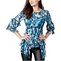 Womens Ruffled Printed Knit Blouse, Blue, X-Large