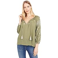 Lucky Brand Women's Long Sleeve Tie-Neck Embroidered Mix Media Peasant Top