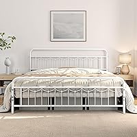 Yaheetech King Size Metal Bed Frame with Vintage Headboard and Footboard, Farmhouse Metal Platform Bed, Heavy Duty Steel Slat Support, Ample Under-Bed Storage, No Noise, No Box Spring Needed, White