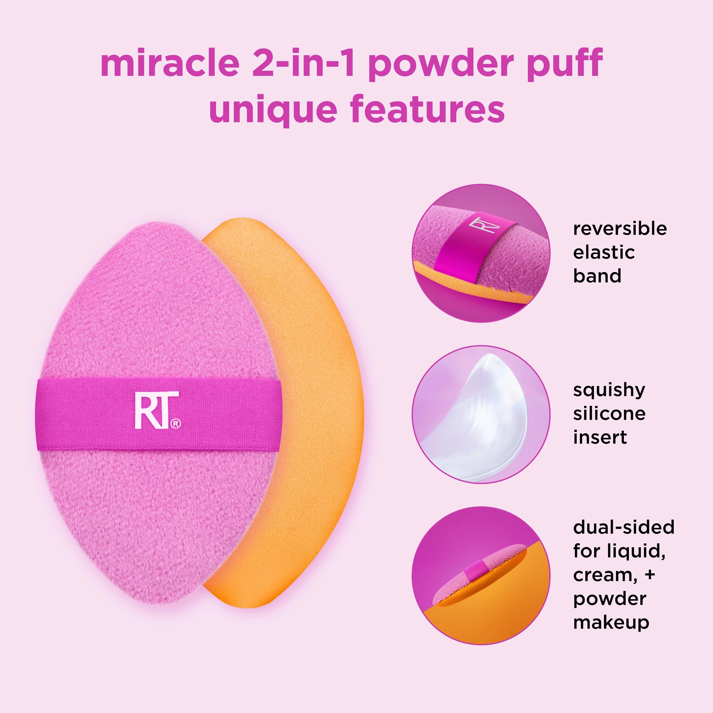 Real Techniques Miracle 2-In-1 Powder Puff, Dual-Sided, Full-Size Makeup Blending Puff, Reversible Elastic Band, Precision Tip Makeup Sponge & Powder Puff, For Liquid, Cream & Powder, 1 Count