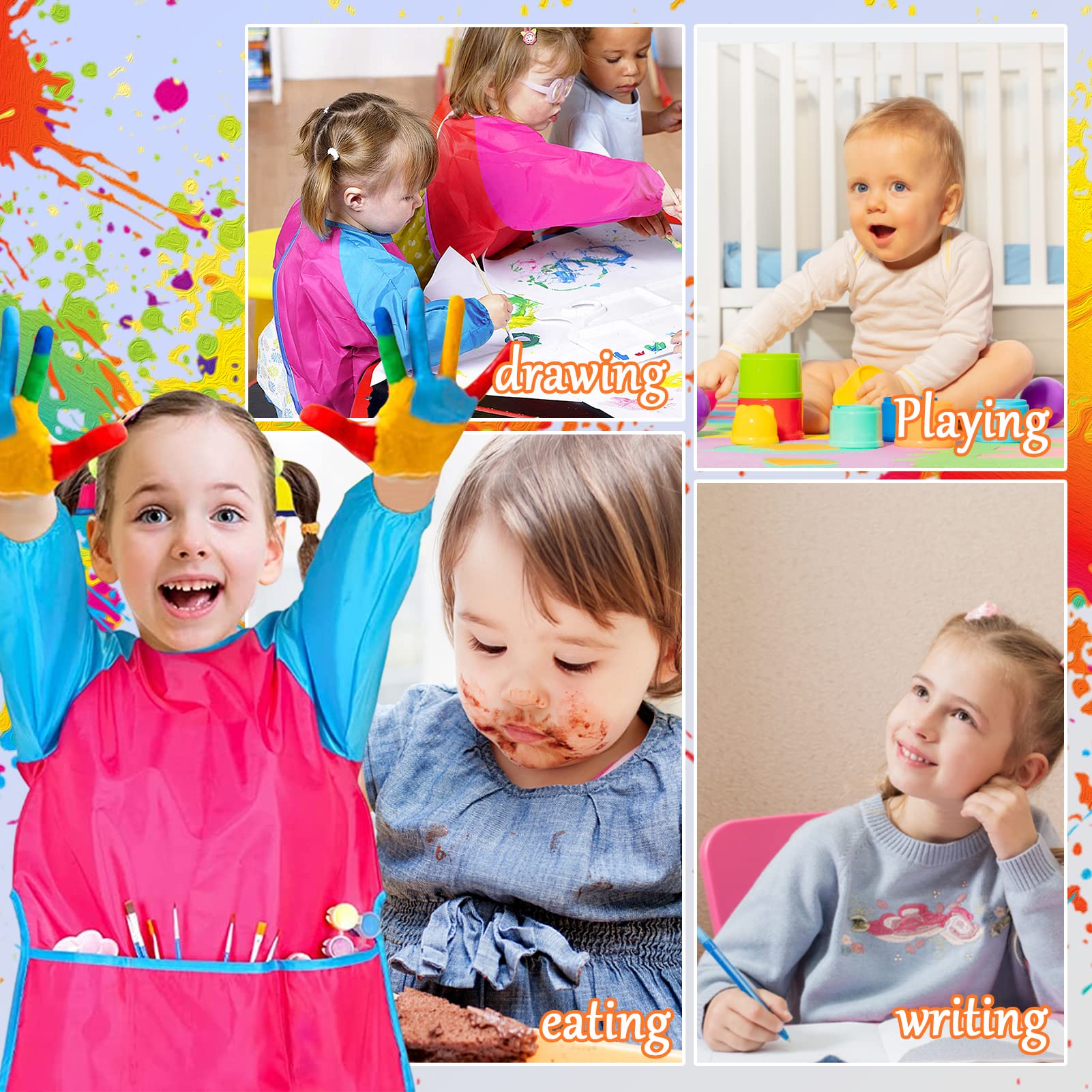 6Pcs Kids Art Smocks Toddler Smocks Waterproof Smocks for Kids Painting Colorful Children Aprons Artist Painting Smocks Long Sleeves With 3 Roomy Pockets for Kids Painting Supplies, Age 3-7 Years