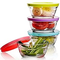 Volarium Small Glass Storage Containers with Lids, Stackable Bowls, Set of 4 with Multi-Colored BPA Free Lids for Cooking Prep, Sauce, Custard, Snack, Condiments, 8.5 oz Capacity