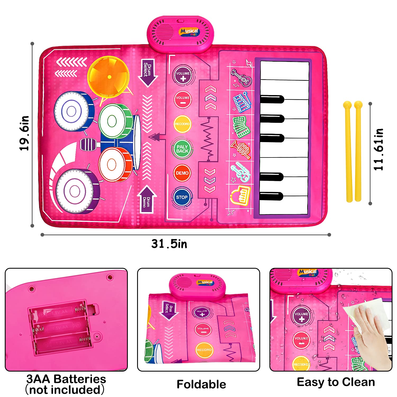 2 in 1 Musical Mat for Toddlers 1-3 Piano Keyboard & Drum Mat with 2 Sticks, Musical Play Mat Baby Learning Toys 12-18 Months Developmental Toddler Toys Age 1-2 Birthday Gifts for 1 2 Year Old Girls