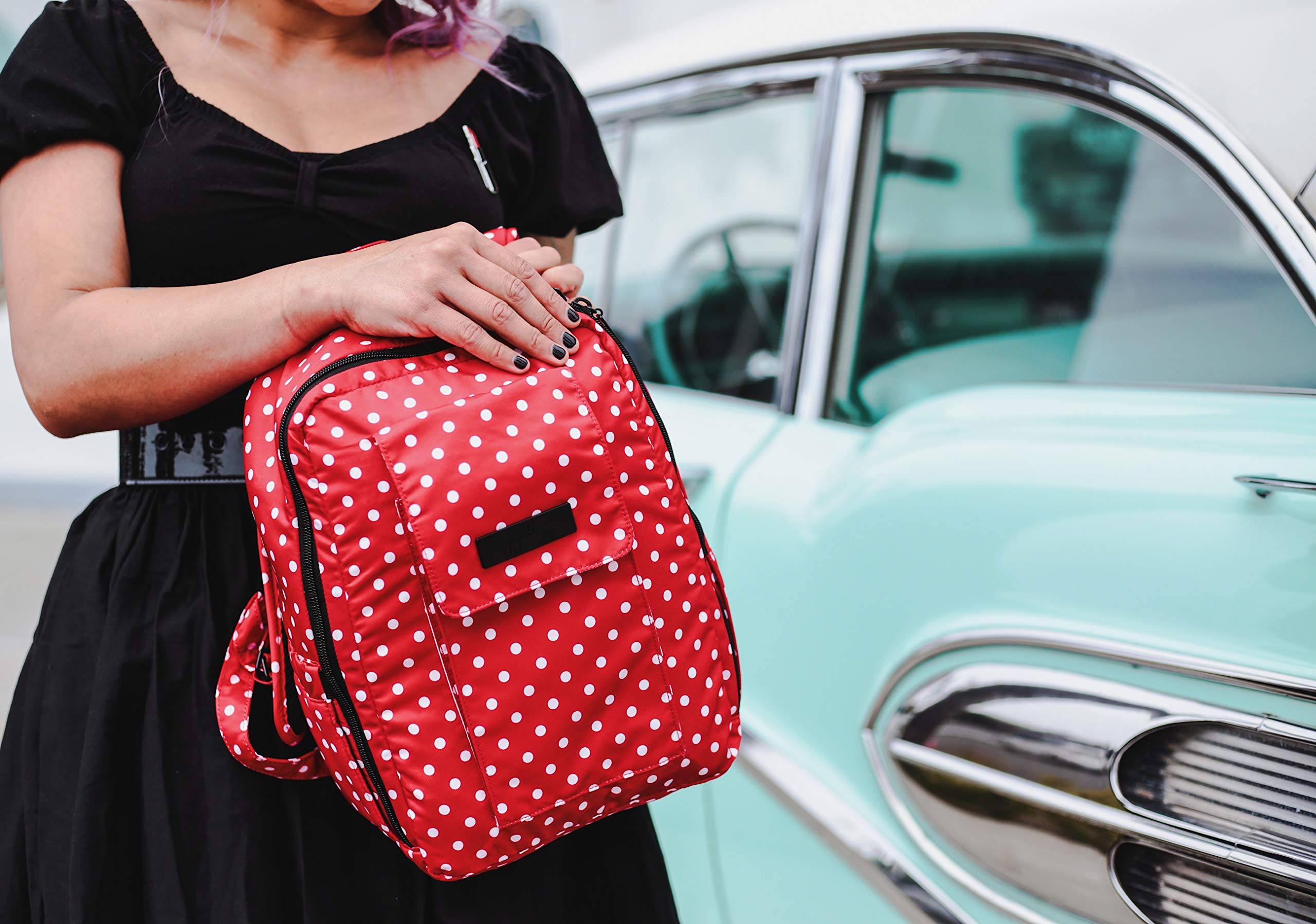 JuJuBe MiniBe Small Backpack, Onyx Collection - Black Ruby - Red/White Polka Dots