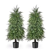 2 Pack 4ft Artificial Cedar Topiary Trees for Outdoor Front Porch Décor, UV Rated Fake Potted Plants for Indoor and Outdoor Use