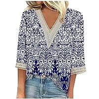 Boho Tops for Women 3/4 Sleeve Casual Shirts Elbow Sleeve Dressy Blouses Guipure Lace V Neck Business Tee Shirts