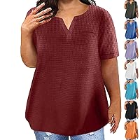 Plus Size Tshirts for Women Waffle Knit Short Sleeve Summer Tops Casual Notch V Neck Shirts Loose Dressy Blouses