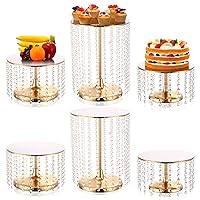 Set of 6 Metal Cake Stands with Crystal Pendant Round Dessert Display Plate Cupcake Holder Pedestal for Wedding Party Birthday Baby Shower Anniversary Celebration Home Decor (Gold)