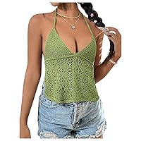 SOLY HUX Women's Halter Tie Backless Hollow Out Knitted Cami Crop Tops