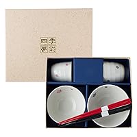 Saikai Pottery 51450 Arita Ware Rice Bowl & Teacup Set, Cherry Blossom Dance Pattern, Chopsticks Included