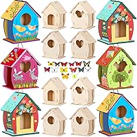 Outus 24 Pcs Wooden Birdhouse Craft Kits for Kids to Build, 4 Shapes Bird House Kit Wooden Unfinished with Watercolor Pen and Butterfly Sticker for Boy Girl Arts Crafts Bulk Painting Kits (Cute)