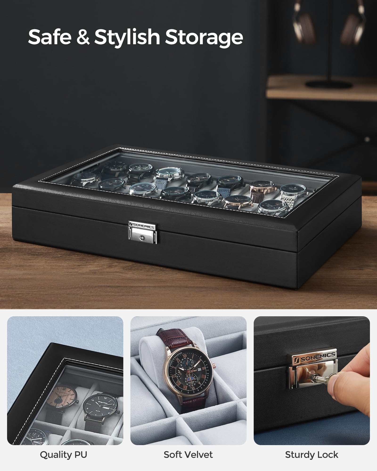 SONGMICS Watch Box, 24-Slot Watch Case, Lockable Watch Storage Box with Glass Lid, Gift Idea, Black Synthetic Leather, Gray Lining UJWB024