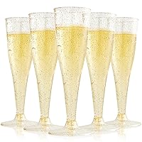 FOCUSLINE 100 Pack Plastic Champagne Flutes, 4.5 Oz Gold Glitter Plastic Champagne Glasses, Disposable Clear Toasting Glasses Recyclable Plastic Champagne Cups for Wedding Party