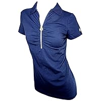 Michael Kors Womens Short Sleeve Shirt Gold Zipper MK Logo Navy Blue