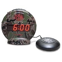 Sonic Bomb Dual Alarm Clock with Bed Shaker, Camouflage | Sonic Alert Vibrating Alarm Clock Heavy Sleepers, Battery Backup | Wake with a Shake