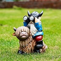 Garden Gnome Statues Resin Gnome Sitting on Highland Cow Solar Lights Outdoor Telescope Gnome Gifts for Yard, Patio Decor (Cow Gnome)