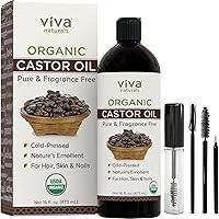Viva Naturals Organic Castor Oil, 16 fl oz - Cold Pressed Castor Oil for Skin, Hair and Lashes - Traditionally Used to Support Hair Growth - Certified Organic & Non-GMO - Includes Beauty Kit