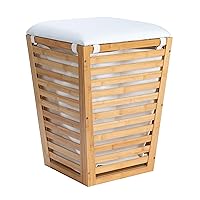 Household Essentials Slatted Natural Bamboo Hamper with Cushioned Lid and Removable Cotton Bag, Natural