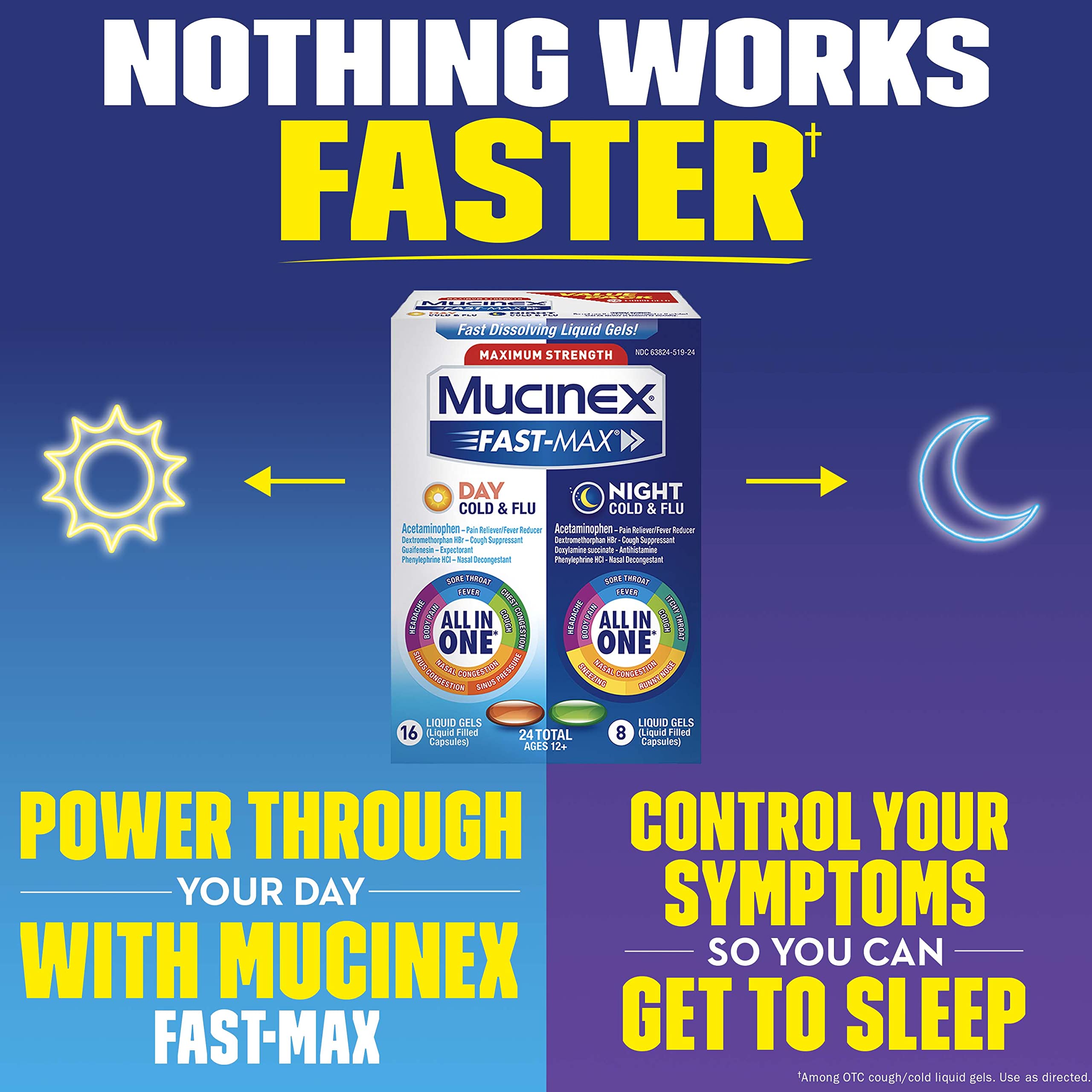 Mucinex Fast-Max Maximum Strength Cold & Flu Day and Night Medicine, All-in-One Multi-Symptom Relief Liquid Gels – 24 Count (16 Day time + 8 Night time) (Packaging May Vary) (Pack of 3)