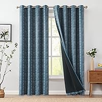jinchan 100% Blackout Boho Curtains 90 Inches Long for Bedroom White on Blue Geometric Printed Grommet Top Room Darkening Thermal Insulated Window Drapes 2 Panels