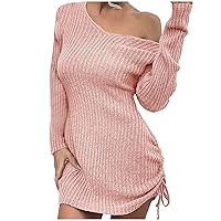 Women's Long Sleeve Ribbed Sweater Dress Side Drawstring Pullover Sweater Dress Solid Soft Fall Jumper Dresses