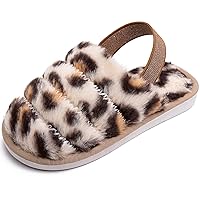 Kids Fluffy Fuzzy Slippers Open Toe House Home Slippers for Boys and Girls Faux Fur Slides with Strap Little Kids Slip-on Shoes
