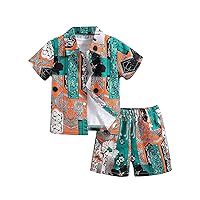 Boy's 2 Piece Outfits Tropical Boho Printed Short Sleeve Button Down Collar Shirt Tops and Shorts