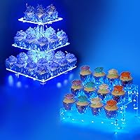 3 Tier Shelf Cake Pop Stand (Blue) + 3 Tier Square Cupcake Stand - Premium Cupcake Holder - Acrylic Cupcake Tower Display - Cady Bar Party Décor Weddings, Birthday Parties(Blue Light)